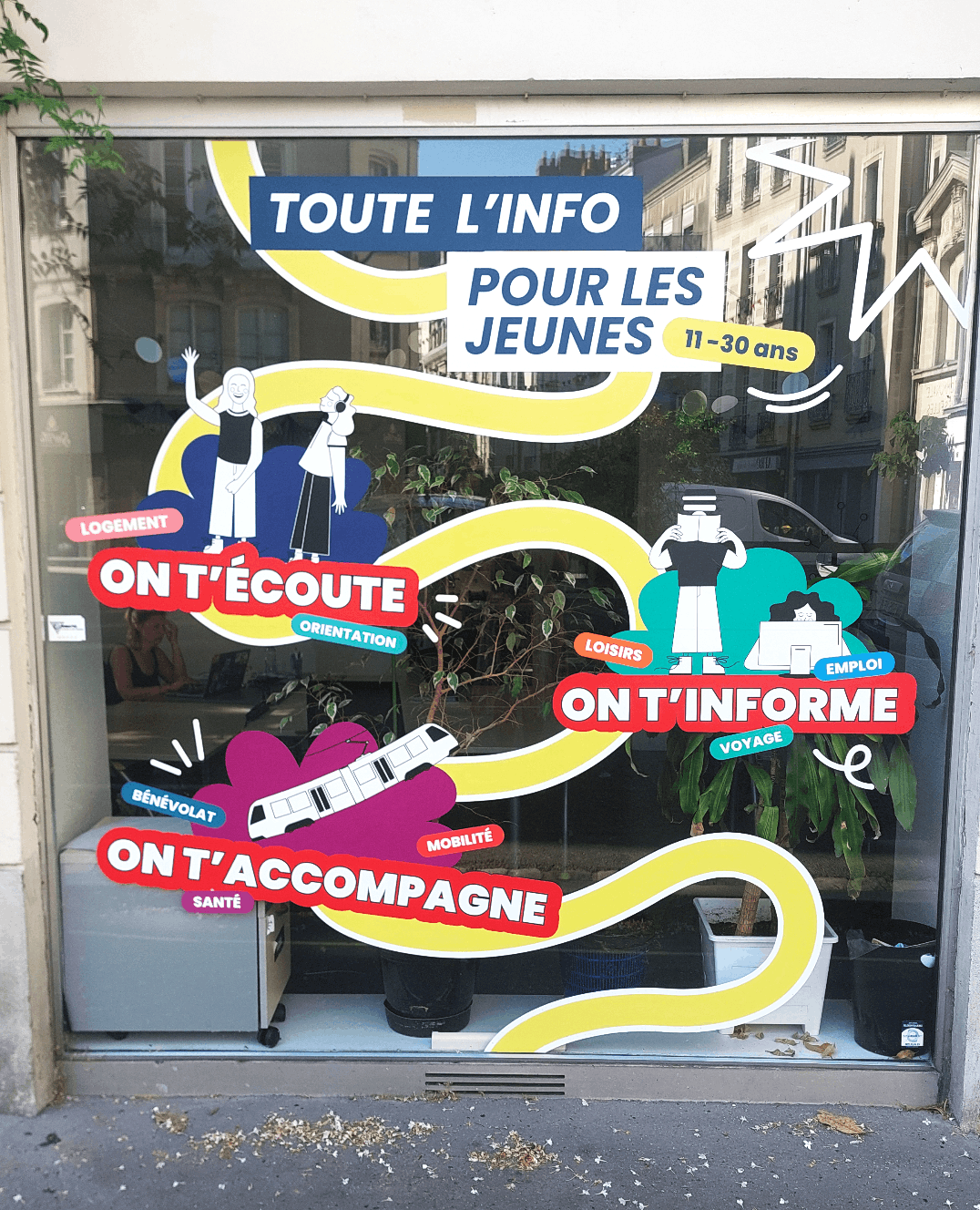 Marquage vitrine – Info Jeunes Pays de la Loire : déclinaison graphique et pose d’adhésifs sur 4 vitrines à Nantes